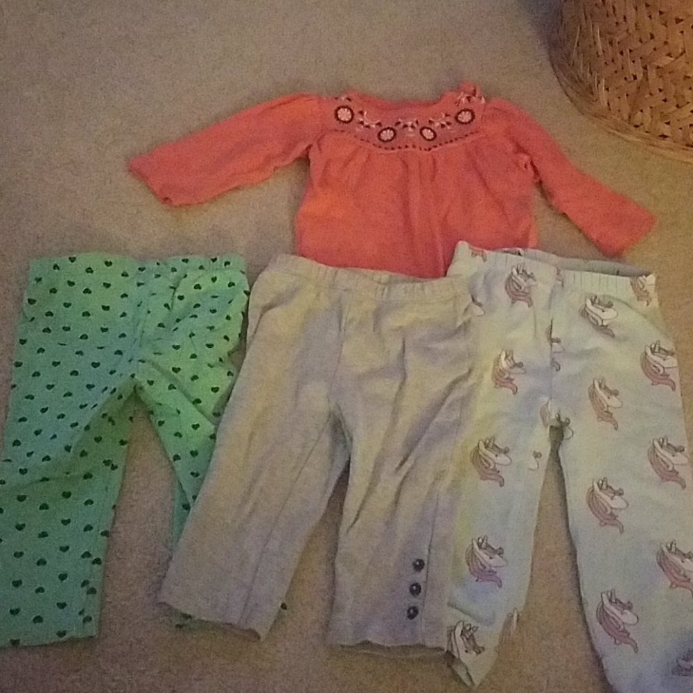 3 pr pants 9 mos, one bodysuit 9 mos